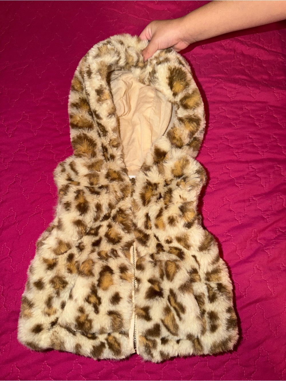 Kids Faux Fur Leopard Hooded Vest - Beige/Brown